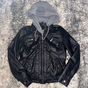 Black Leather Jacket with Gray Hood